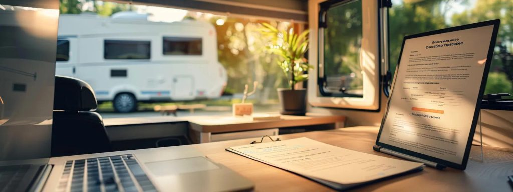 a clean, modern office desk prominently displays a gold coast caravan roadworthy certificate, highlighting its detailed validity period and inspection results under focused, bright lighting that emphasises the document's importance in ensuring safety standards.