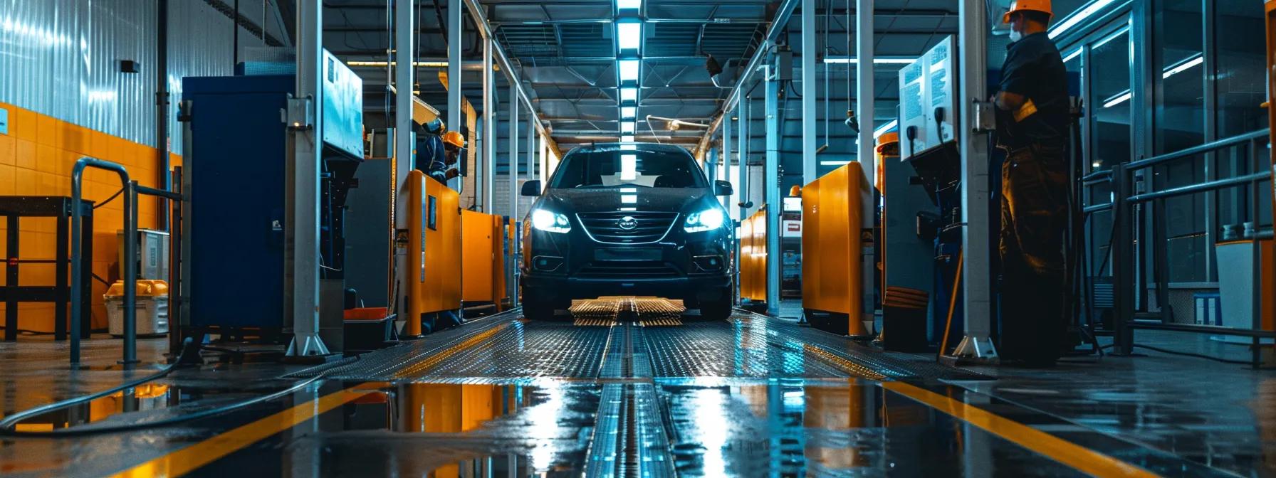 a focused shot of a bright, modern vehicle inspection station on the gold coast, showcasing a meticulous technician examining a sleek uber vehicle under artificial lighting, emphasising the importance of compliance and safety in urban transport.