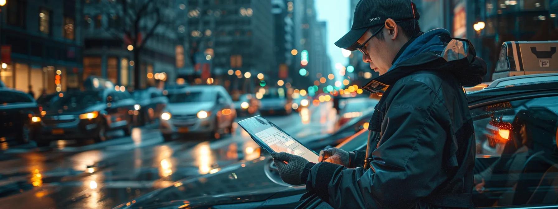 a focused uber driver meticulously reviews his vehicle's up-to-date certificate of inspection in a bustling urban setting, surrounded by cars and a modern cityscape that highlights the importance of safety and compliance in rideshare operations.