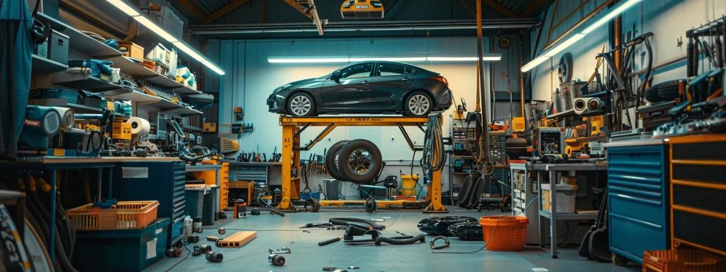 a focused view of a mechanic's workshop, featuring a car elevated on a hydraulic lift, with diagnostic tools and parts scattered around, illustrating the meticulous inspection process that highlights common roadworthy certificate failure causes.
