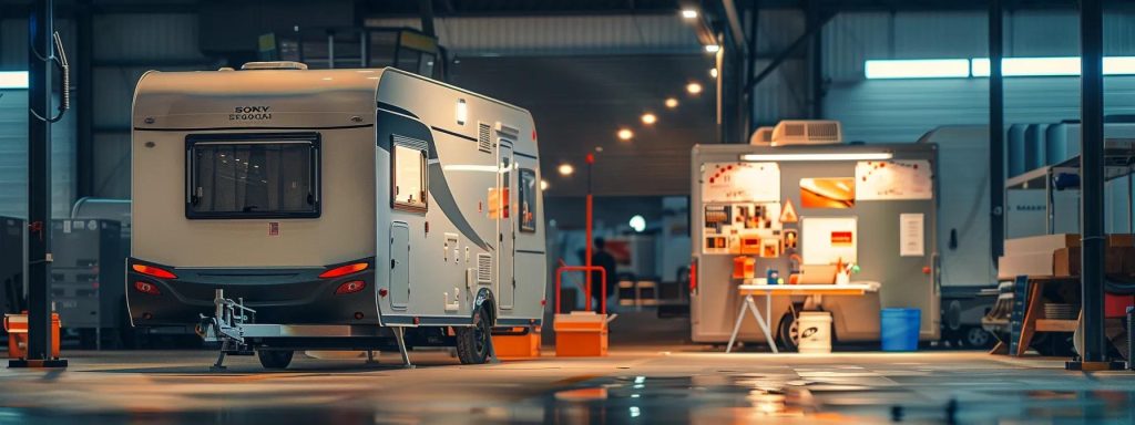 a modern inspection station in an urban setting showcases a vibrant, well-organised caravan being meticulously assessed by an expert, surrounded by safety certificates and compliance posters, representing the crucial process of obtaining a roadworthy certificate.