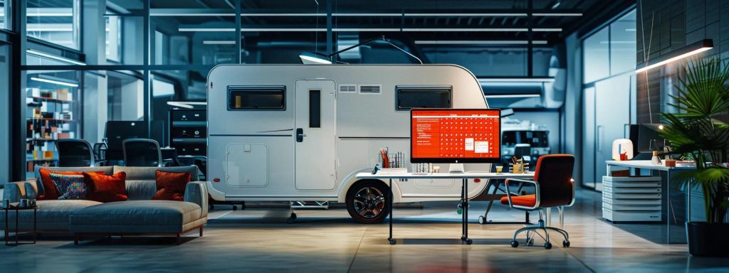 a modern office interior with a caravan prominently displayed alongside a digital monitor showing a checklist of roadworthy inspection criteria, illuminated by crisp fluorescent lighting that highlights the vehicle's sleek design and ensures a professional ambience.