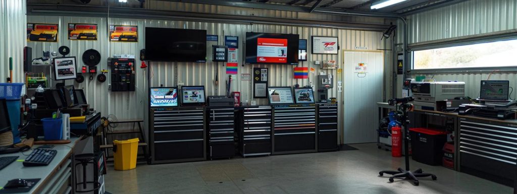 a professional automotive inspection station in burleigh heads, featuring a prominently displayed budget roadworthy certificate on the wall, illuminated by bright industrial lighting and surrounded by tools and equipment for vehicle assessments.