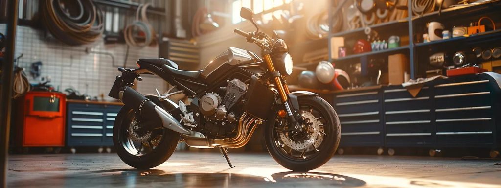 a sleek, modern motorcycle being examined in a well-lit, professional workshop environment, emphasising the importance of thorough inspections by authorised safety certificate providers.