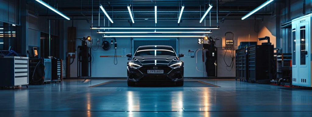 a sleek, modern uber vehicle is positioned prominently in a well-lit urban garage on the gold coast, showcasing its pristine condition during a detailed inspection by a professional technician.