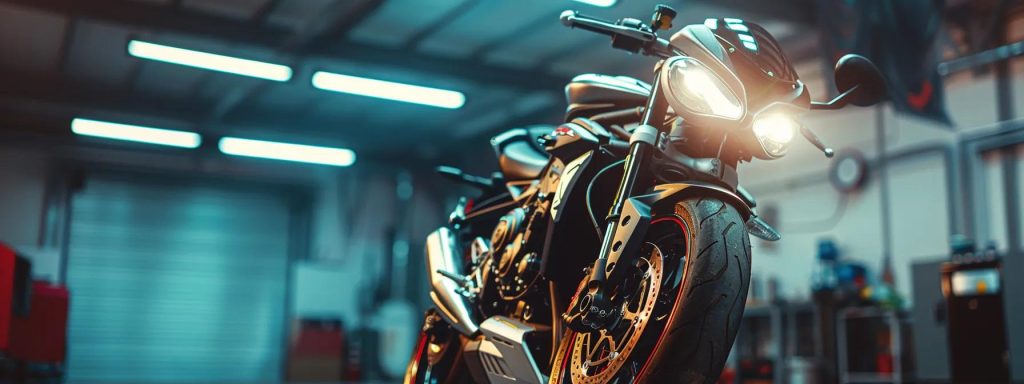 a sleek motorcycle proudly displayed in a modern inspection facility, with a certified technician scrutinising its safety features under bright, focused lighting, emphasising the importance of thorough inspections for roadworthiness.