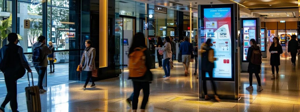 a sleek urban office reception area bustling with activity, featuring a digital display showcasing information about obtaining an uber coi for the gold coast, illuminated by modern led lighting.