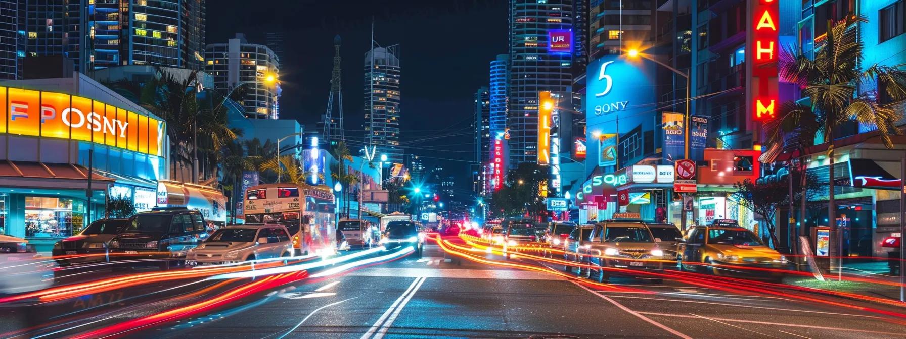 a vibrant urban street on the gold coast bustling with vehicles and clearly marked signage leading to an uber inspection centre, illuminated by bright neon lights against the night sky.
