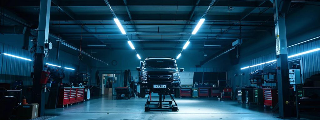a well-organised automotive workshop showcases a trailer being meticulously inspected on a lift, illuminated by bright overhead lights, highlighting essential roadworthy checks that ensure safety compliance for road users.