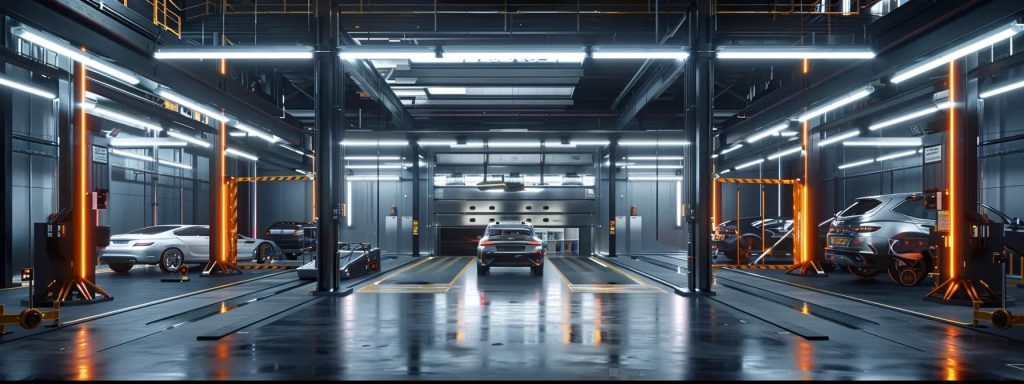 a dynamic urban automotive inspection centre, featuring a polished, modern inspection bay with an array of vehicles awaiting their urgent roadworthy certificates, illuminated by bright, fluorescent overhead lighting that highlights the sleek machinery and tools used for vehicle assessments.