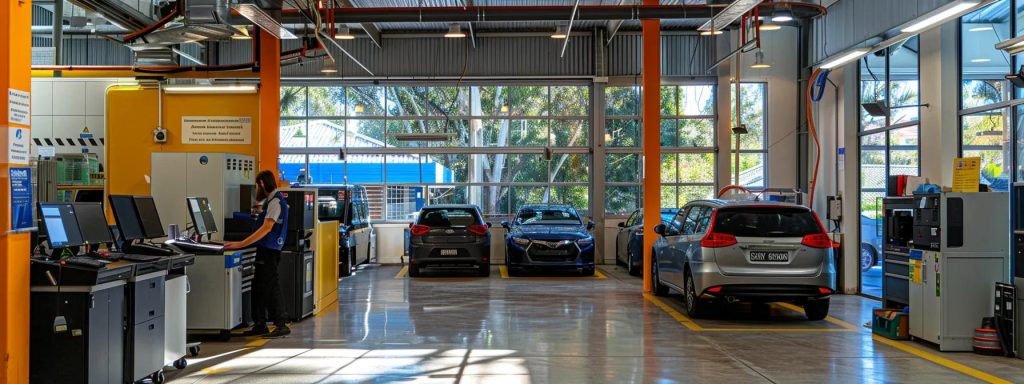 a bustling automotive inspection office in burleigh heads, with vibrant signage advertising affordable roadworthy certificates, filled with attentive staff and vehicles waiting for inspection under bright, fluorescent lighting.