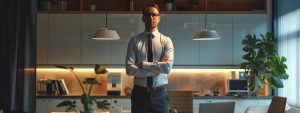 a crisp office setting showcases a confident professional presenting a bright, clear caravan safety certificate on a sleek conference table, illuminated by soft, warm lighting, emphasising the importance of safety and compliance in the caravan industry.