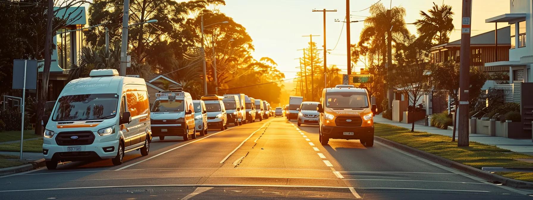 a fleet of vibrant mobile roadworthy inspection vans lined up in front of a bustling suburban street on the gold coast, showcasing the convenience and accessibility of vehicle services in an urban setting.