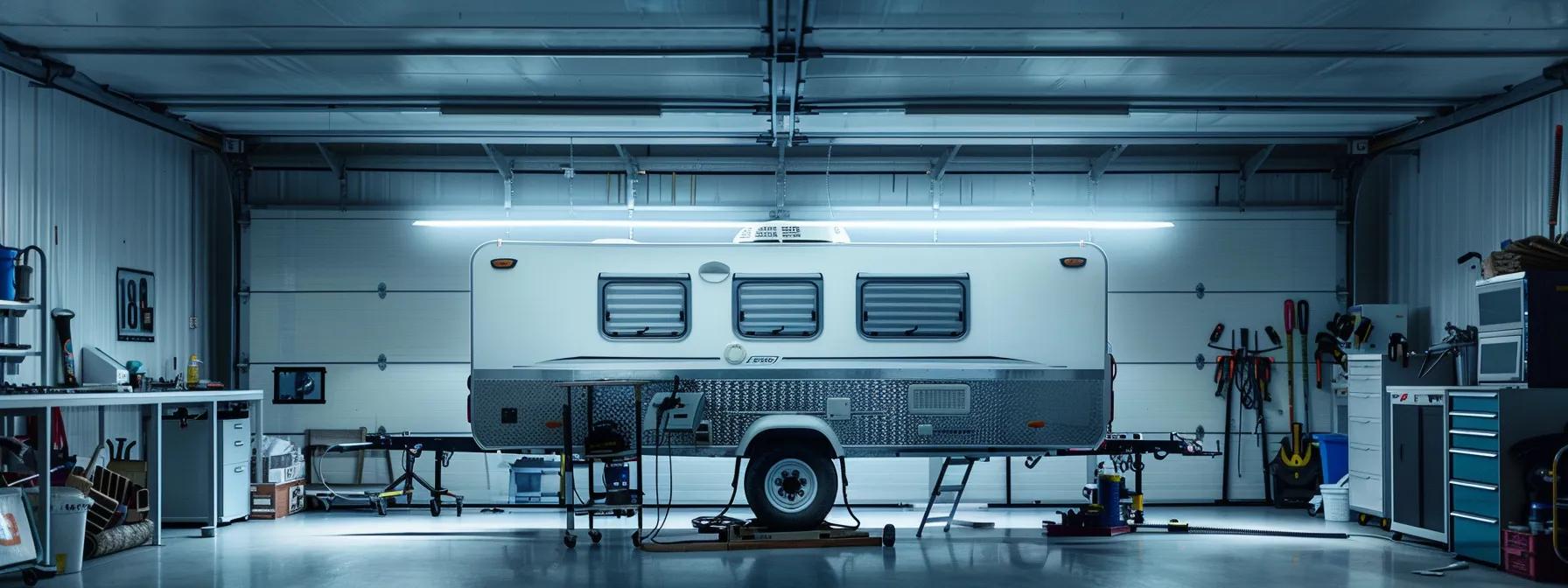 a meticulously arranged workshop showcases a camper trailer on a raised platform, surrounded by tools and diagnostic equipment, highlighting the crucial aspects of roadworthy inspections and maintenance failures.