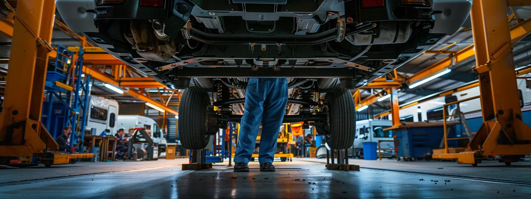 a meticulously organised caravan workshop on the gold coast, featuring a technician inspecting the vehicle's undercarriage under bright artificial lights, highlighting the detail and precision of the roadworthy inspection process.
