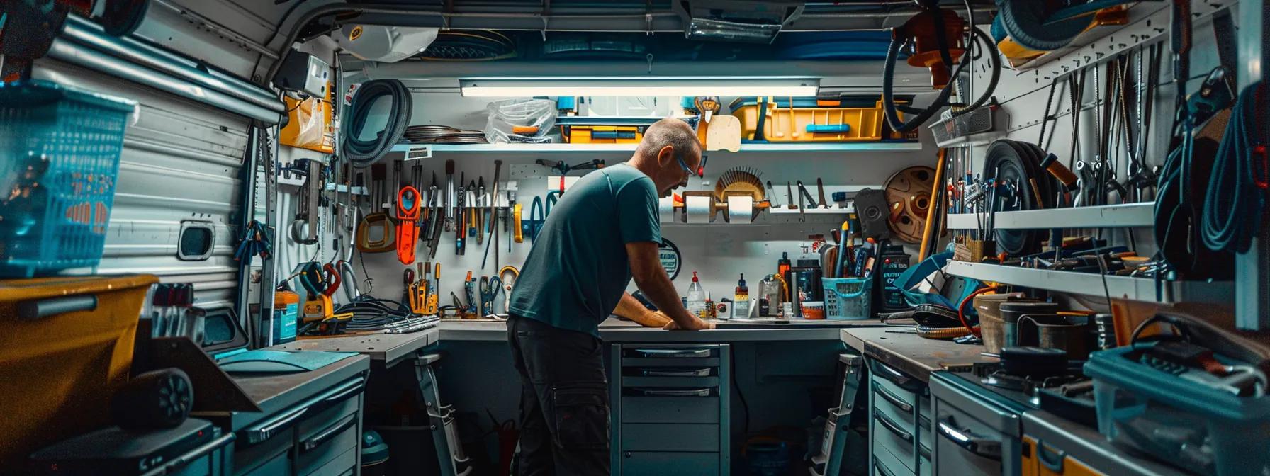 a meticulously organised workshop showcasing a mechanic inspecting a caravan, surrounded by tools and parts, highlighting the critical repairs needed after a roadworthy inspection under bright artificial lighting.