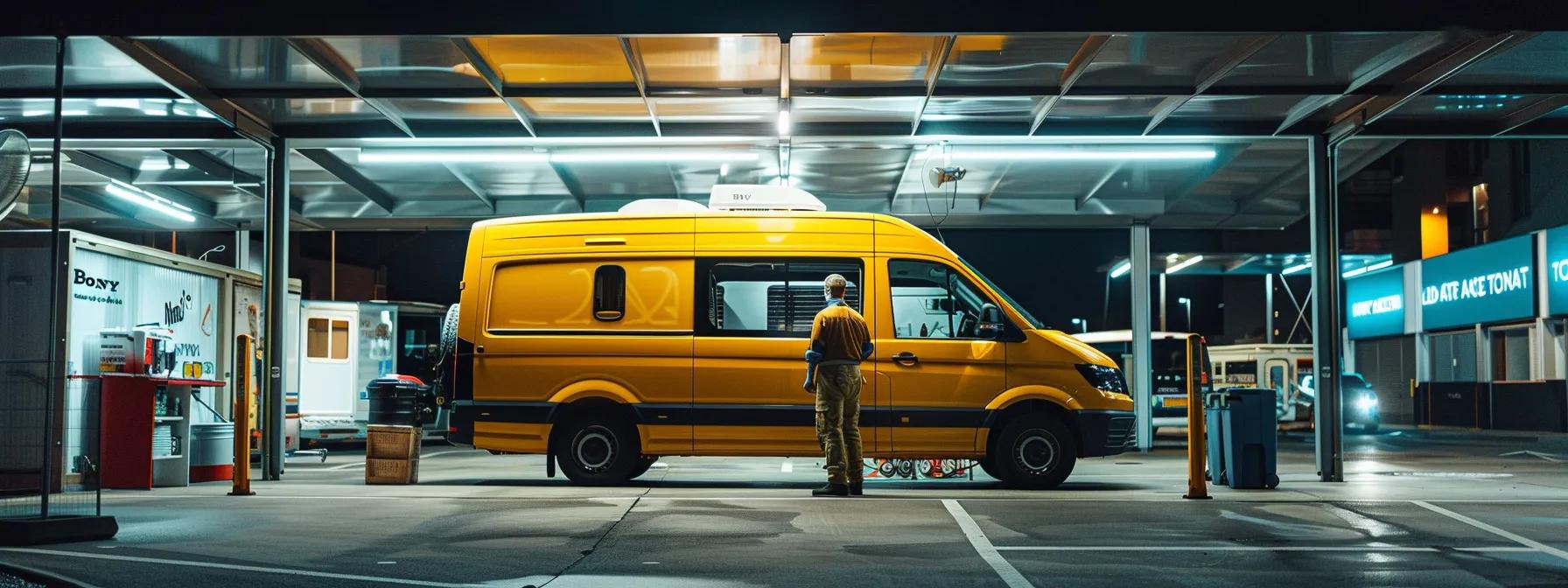 a mobile roadworthy inspection is taking place beside a gold coast campervan, showcasing an expert in a crisp uniform diligently checking safety equipment under the bright overhead lights of an urban parking lot.