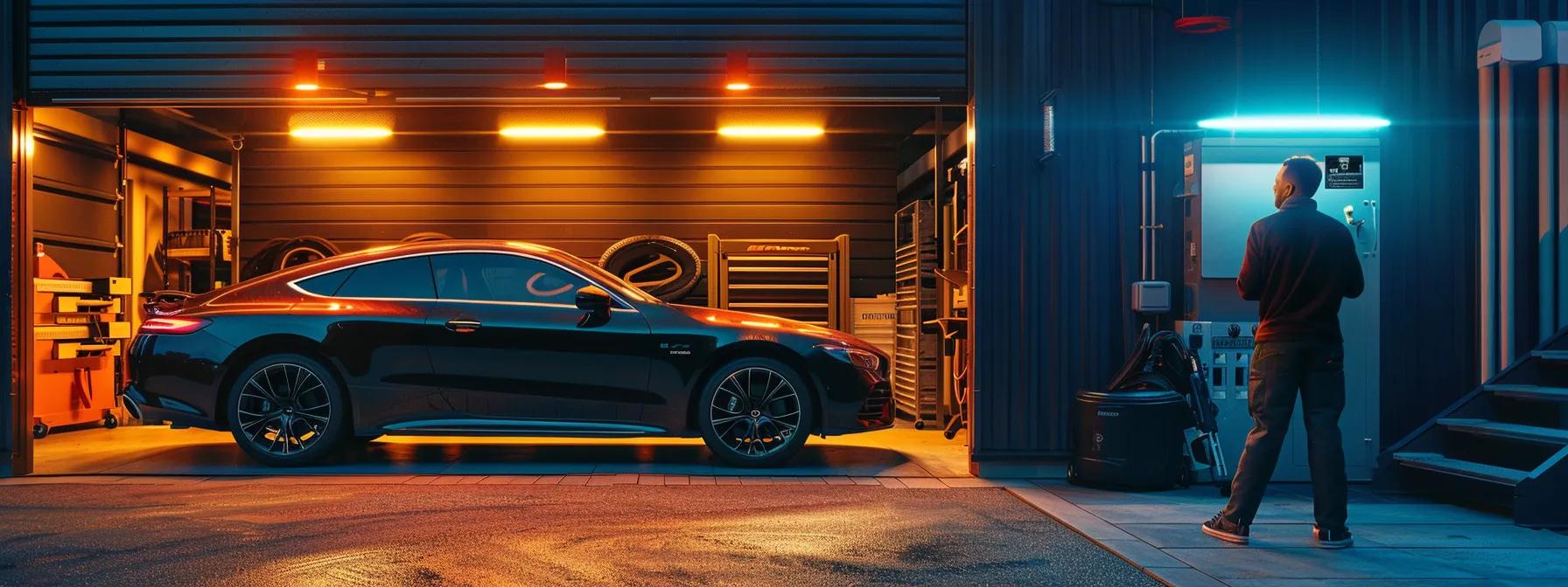 a mobile vehicle inspection takes place in a sleek urban driveway, where a professional inspector examines a car under the bright lights of a nearby workshop, emphasising convenience and expertise.
