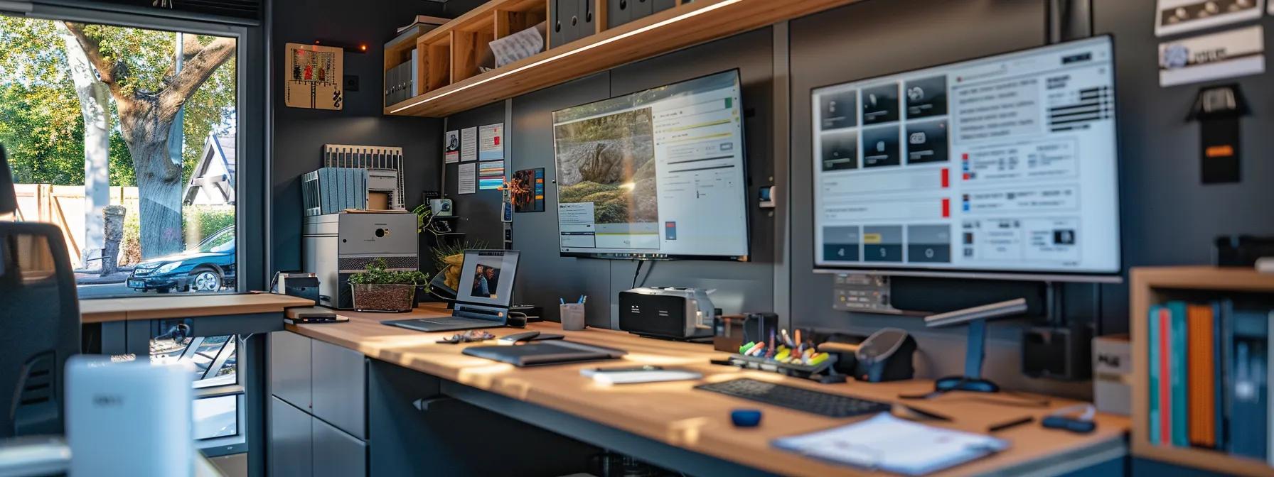 a modern office space features a table cluttered with comparison charts, customer feedback printouts, and a laptop displaying a detailed roadmap, highlighting the meticulous planning involved in selecting the right service for campervan roadworthy assessments in gold coast.