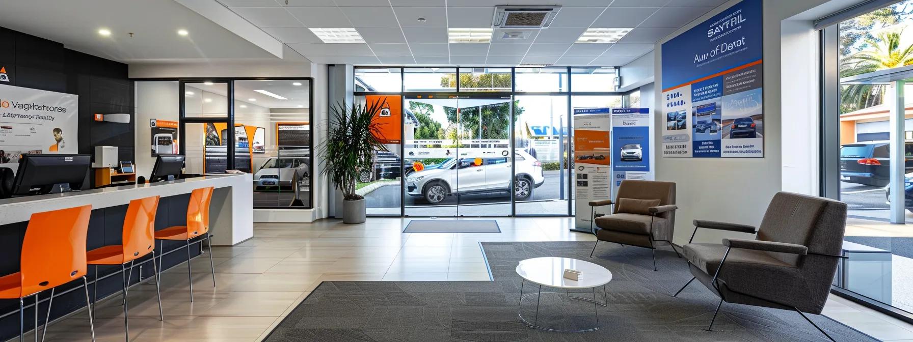a modern vehicle inspection office in burleigh heads, showcasing a sleek reception area with informational posters about affordable roadworthy certificates, surrounded by various cars awaiting compliance checks under warm, bright lighting.
