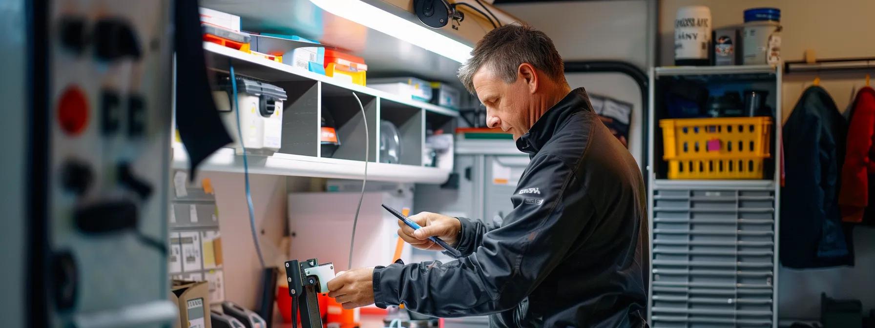 a neatly organised camper trailer inspection station on the gold coast, showcasing a qualified technician methodically checking the trailer’s components under bright office-style lighting, with safety equipment and regulatory documents visibly arranged in the background.
