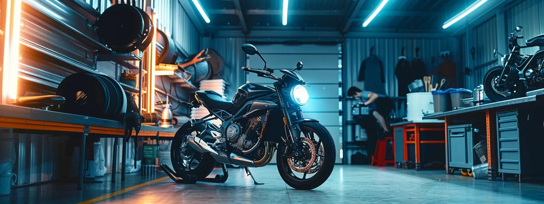 a polished motorbike is displayed in a well-lit inspection garage, with professional mechanics conducting a thorough safety assessment, emphasising the detailed scrutiny involved in a pre-purchase roadworthy inspection on the gold coast.
