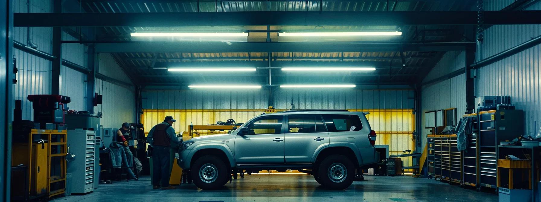 a professional automotive inspection workshop in queensland, featuring a vehicle on a hydraulic lift under bright fluorescent lights, with a mechanic meticulously checking the chassis and safety equipment, embodying the stringent legal standards for roadworthy inspections.