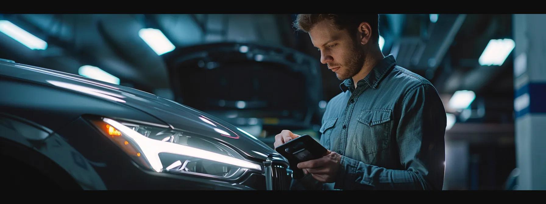 a professional mobile car inspection service is being conducted in a well-lit urban garage setting on the gold coast, showcasing a focused technician examining a vehicle for roadworthy compliance with modern diagnostic equipment.