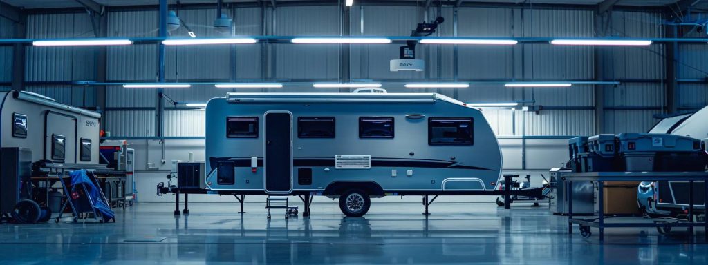 a sleek camper trailer is showcased in a modern gold coast inspection facility, illuminated by bright overhead lights, with a backdrop of metallic diagnostic equipment reflecting a professional atmosphere.