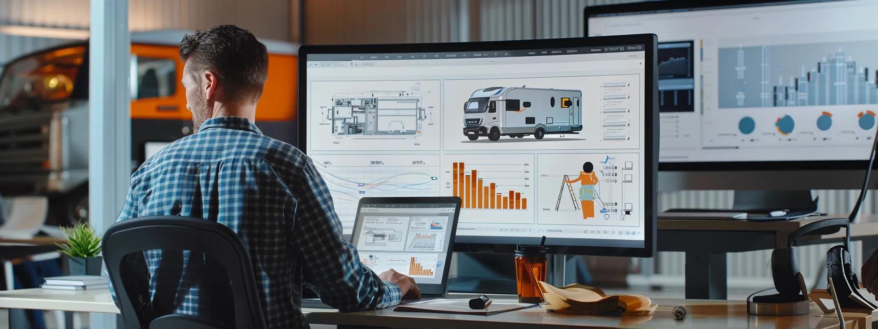 a sleek, modern office environment showcases a focused professional examining a camper trailer blueprint on a digital tablet, with a clear backdrop of inspection tools and a large monitor displaying cost analysis graphs, emphasizing the intricate details of roadworthy inspection pricing.