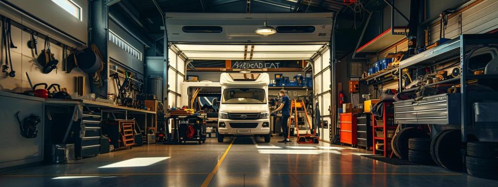 a sleek, modern workshop on the gold coast, bustling with mechanics expertly examining a vibrant campervan, surrounded by tools and equipment that evoke the essence of vehicle roadworthiness.