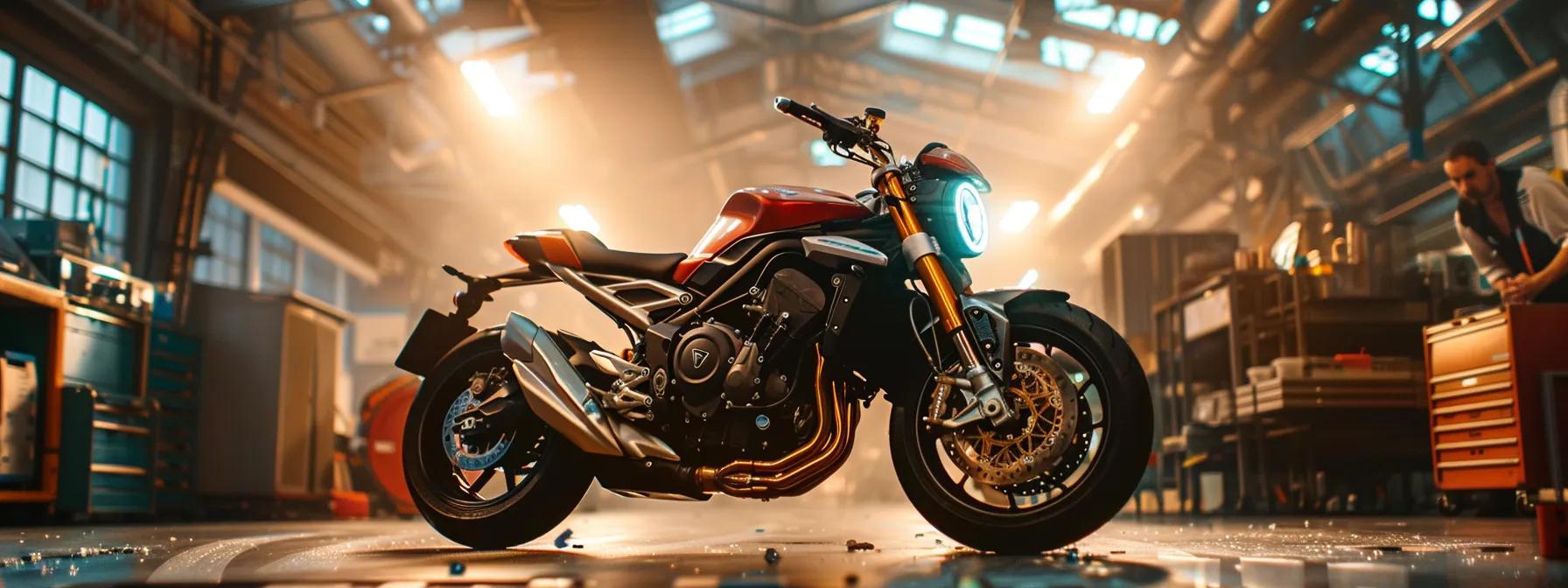 a sleek motorbike stands prominently in an urban inspection garage, illuminated by bright overhead lights, while a technician inspects its components with precision, highlighting the focus on safety and compliance.