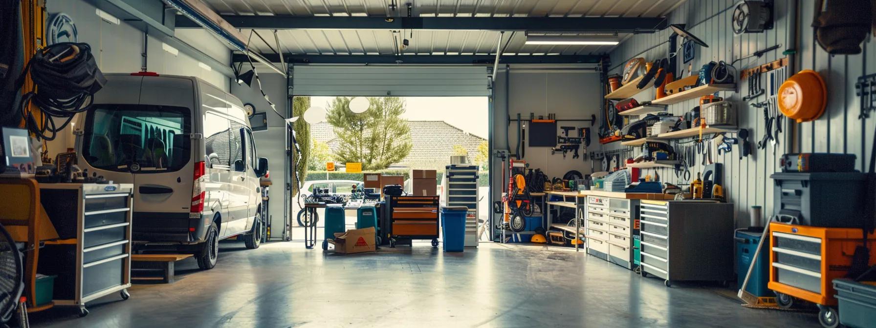 a well-organised workshop interior showcasing experienced mechanics conducting a thorough inspection of a campervan, surrounded by essential tools and safety equipment, highlighting the importance of professional vehicle assessments.