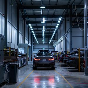 a bustling gold coast automotive service center, featuring a sleek car undergoing a thorough inspection under bright, focused overhead lights that emphasize the professionalism and urgency of obtaining a roadworthy certificate.