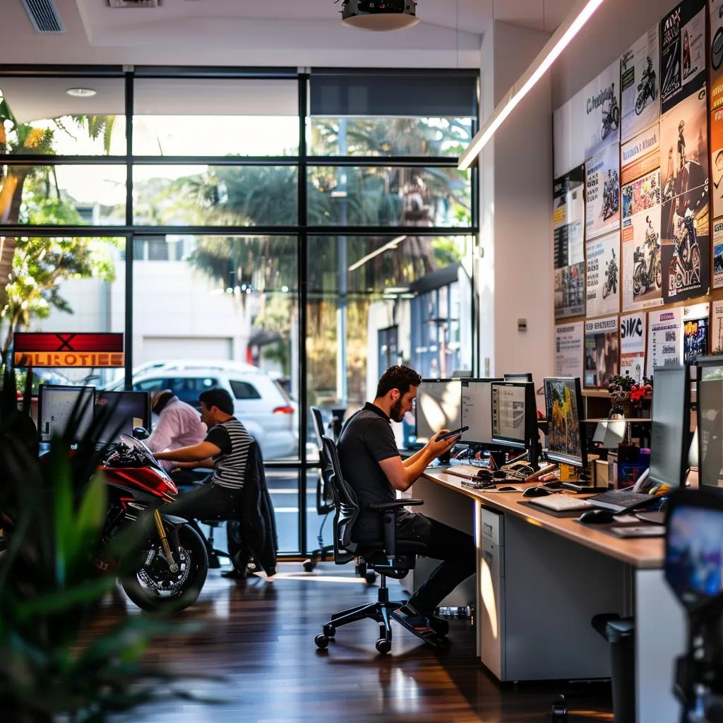 a bustling gold coast office filled with professionals engaging in discussions, surrounded by vibrant motorcycle safety posters and sleek certification documents prominently displayed on modern desks.