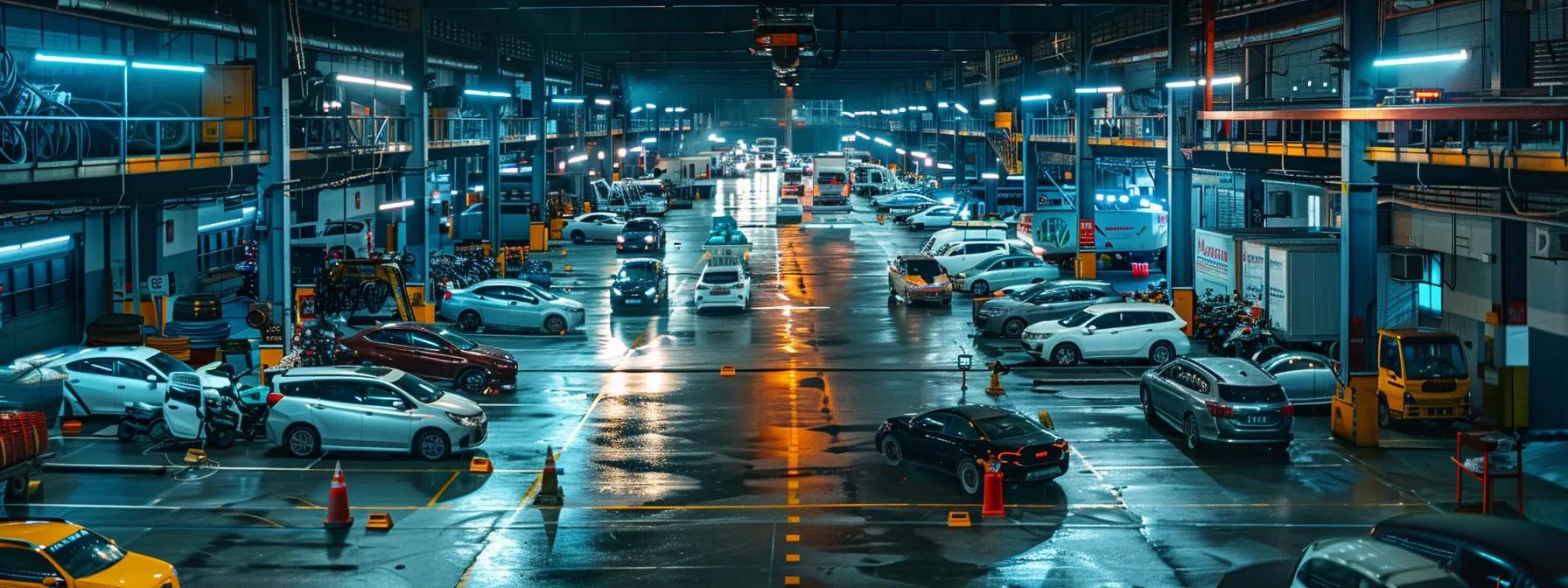 a bustling urban vehicle inspection centre, with a diverse lineup of cars, motorcycles, trucks, trailers, and caravans undergoing thorough assessments, illuminated by bright overhead lights, showcasing the importance of roadworthy certification for safety and compliance.