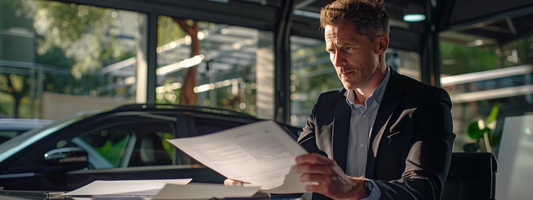 a dynamic office scene featuring a confident vehicle inspector reviewing a roadworthy certificate document at an organised inspection station, highlighting the professionalism and thoroughness of vehicle safety protocols on the gold coast.