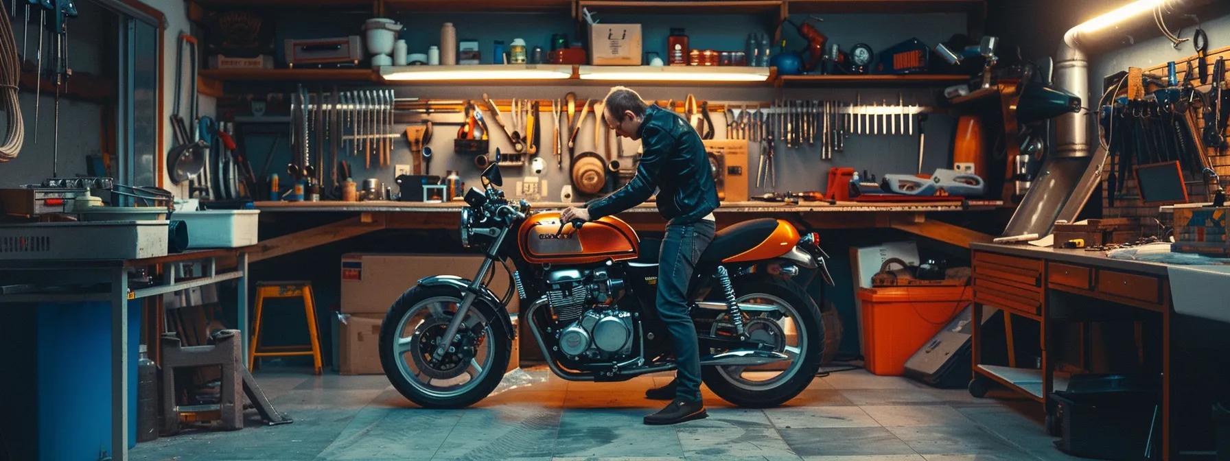 a meticulous mechanic inspects a gleaming motorbike in a well-equipped workshop, surrounded by tools and diagnostic equipment, ensuring every safety-critical component meets stringent regulatory standards.