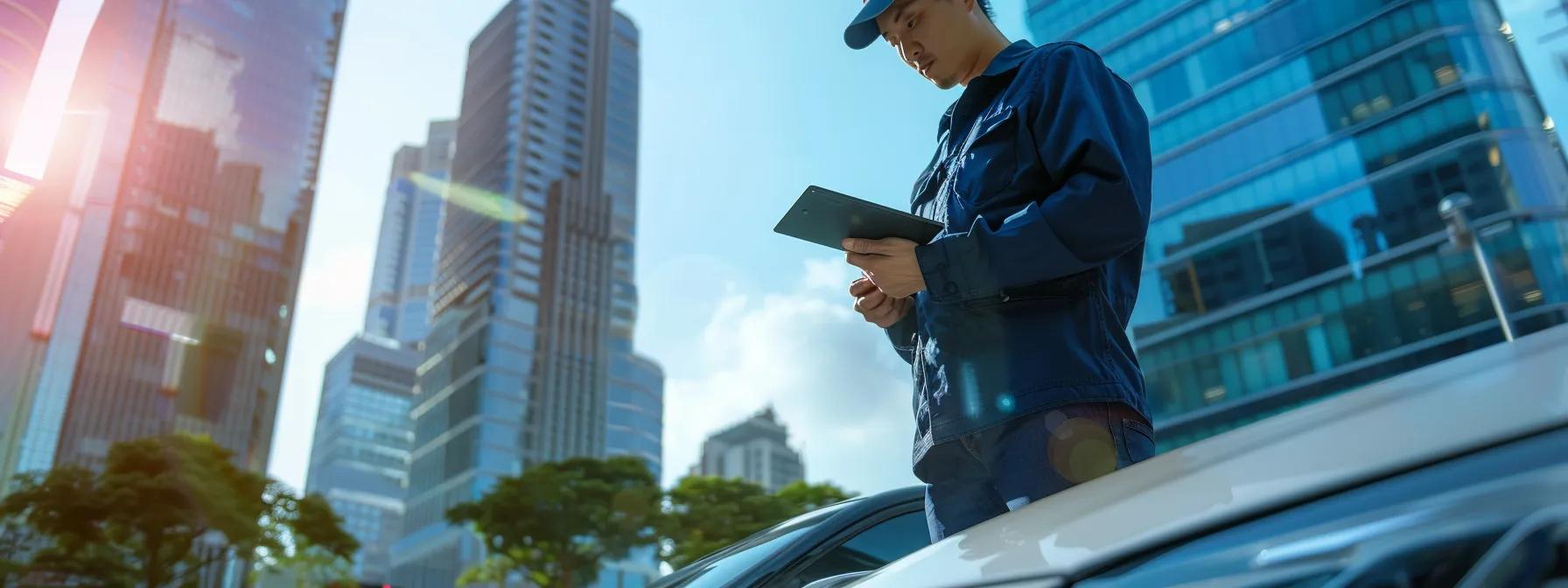 a mobile technician, equipped with advanced technology, conducts a vehicle inspection outside a modern urban office, with the sleek city skyline in the background, illustrating the convenience of on-site coi services for busy professionals.