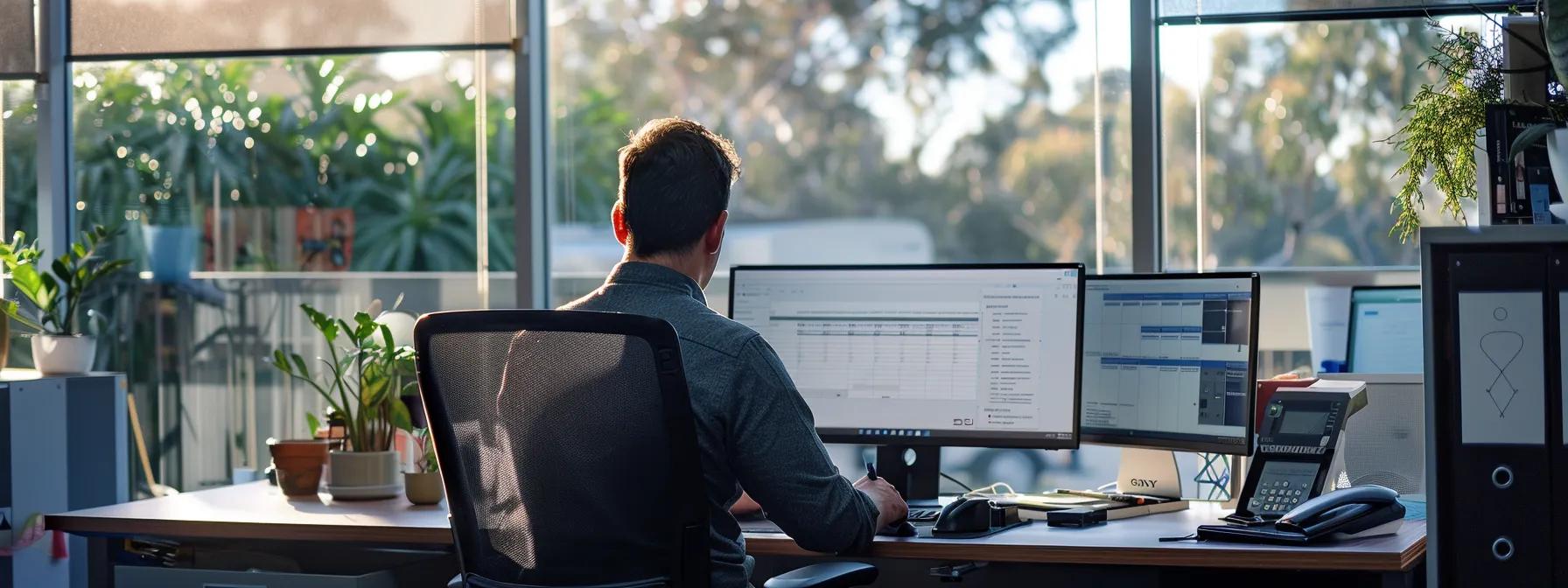a modern office setting features a focused professional scrutinising a detailed checklist of queensland caravan regulations while surrounded by automotive inspection tools and documentation.