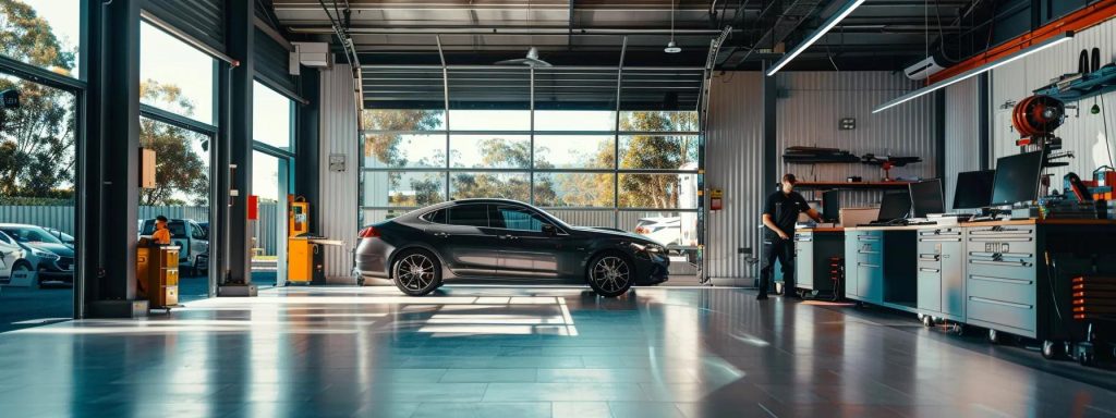 a modern, sleek vehicle inspection station on the gold coast, showcasing a qualified technician expertly examining a car in a well-lit, organised indoor workspace.