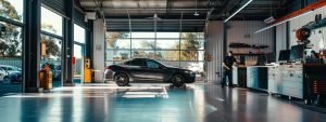 a modern, sleek vehicle inspection station on the gold coast, showcasing a qualified technician expertly examining a car in a well-lit, organised indoor workspace.