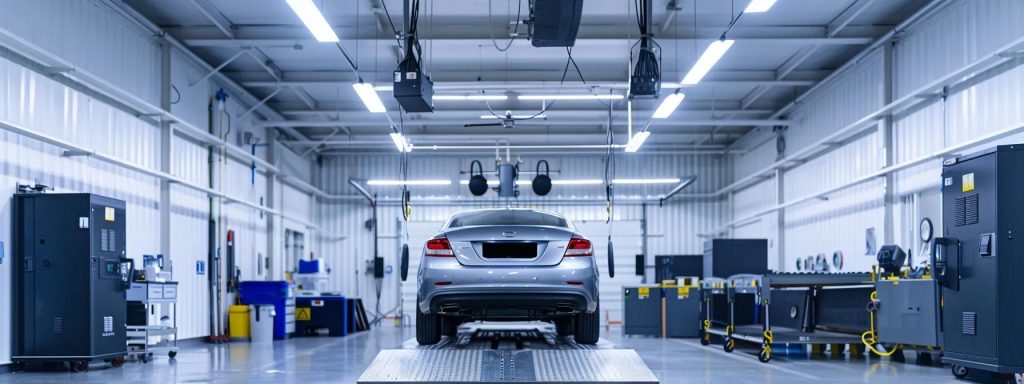 a modern vehicle inspection centre in the gold coast, featuring bright fluorescent lights, sleek metallic diagnostics equipment, and a polished car under examination on a raised platform, conveying a sense of efficiency and professionalism in roadworthiness assessments.