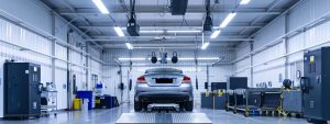 a modern vehicle inspection centre in the gold coast, featuring bright fluorescent lights, sleek metallic diagnostics equipment, and a polished car under examination on a raised platform, conveying a sense of efficiency and professionalism in roadworthiness assessments.