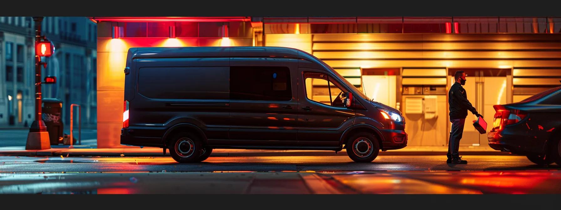 a sleek mobile inspection van parked in an urban setting, showcasing a confident inspector using advanced technology on a vehicle, radiating professionalism and efficiency in vehicle compliance certification.