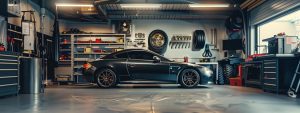 a sleek, modern car stands proudly in a well-lit gold coast automotive workshop, showcasing a gleaming roadworthy certificate displayed prominently on the workbench amidst a backdrop of professional tools and equipment.