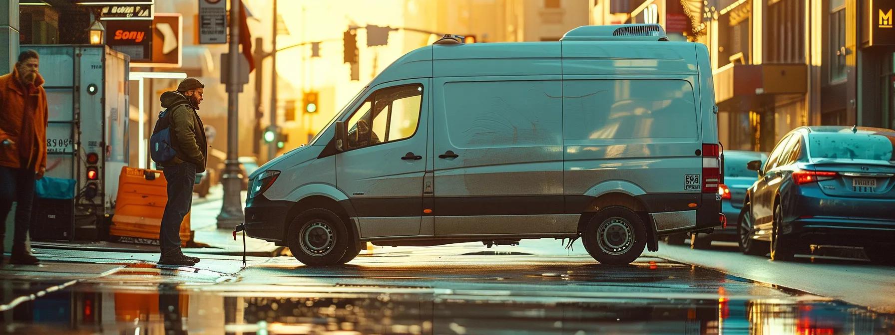 a sleek, modern mobile inspection van parked in an urban setting, surrounded by bustling activity, with an expert technician confidently engaging with a client about vehicle readiness and compliance.