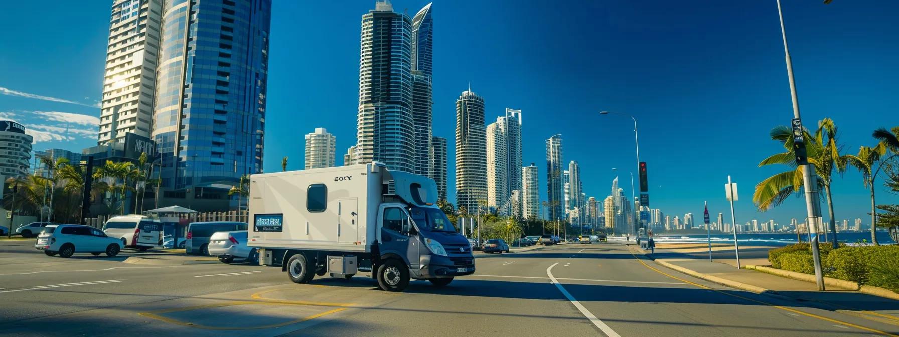 a sleek, modern mobile inspection vehicle parked at the curb of a bustling gold coast street, with a backdrop of vibrant urban architecture and a clear blue sky, ready to conduct roadworthy inspections on various cars lining the road.