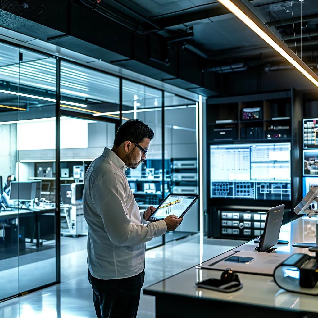a sleek, modern office environment showcases a technician conducting a mobile coi inspection on a tablet, surrounded by high-tech equipment and digital data displays that emphasize efficiency and innovation.