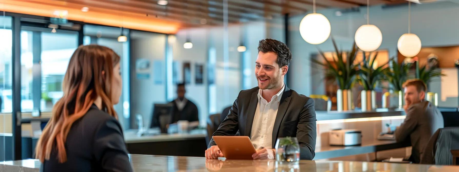 a sleek, modern office space featuring a confident professional discussing rideshare vehicle inspections with a client, highlighted by clear signage of reputable inspection services in the background, bathed in bright, focused lighting.